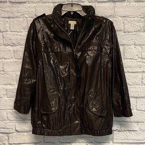 Chico's Brown Waxed Shiny 3/4 Sleeve Bomber Jacket Size L